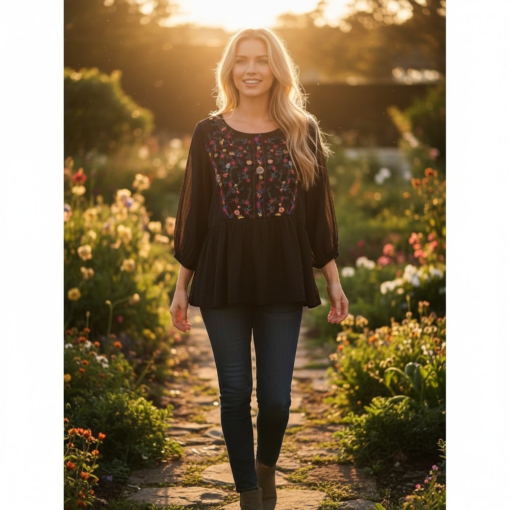 Umgee Boho Black 3/4 Sleeve Top Colorful Floral Embroidery Women Size Small NWT